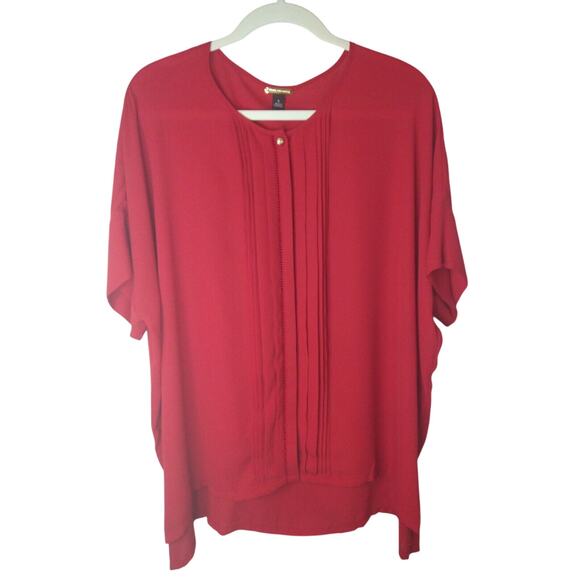 Dana Buchman Sz L Red Chiffon Slouch Shoulder Tuxedo Pleat Button Down Shirt - Picture 2 of 7